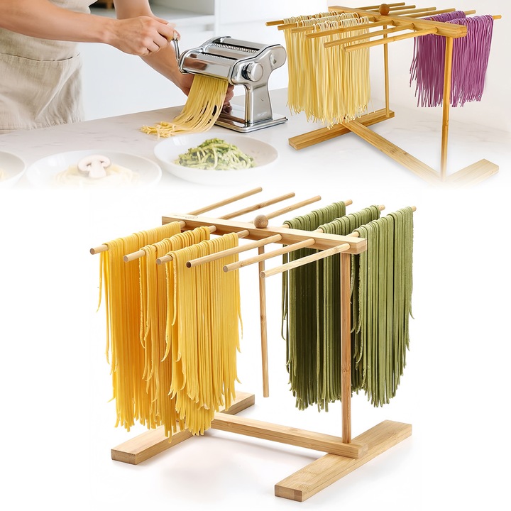 Suport pentru uscat paste, Morovan, Uscator de paste fainoase, lemn, cu 12 brate, 40x30x30 cm