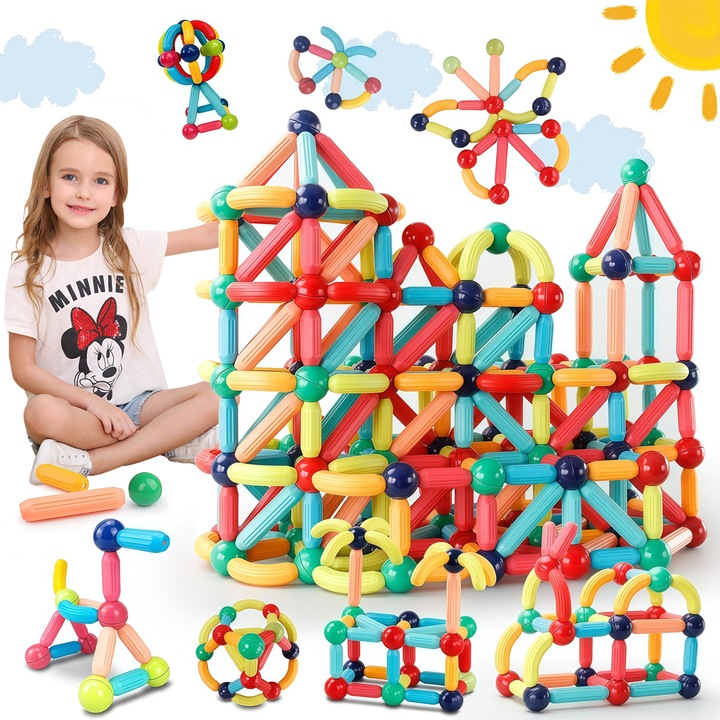Комплект от 130 магнитни пръчици и топки Morovan, образователни играчки, многоцветни, за деца над 3 години