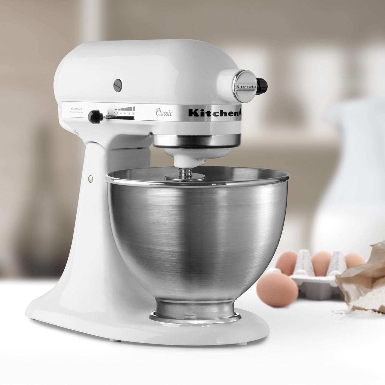 Mixer cu bol KitchenAid 5K45SSEWH, 4.3L, classic, white - eMAG.ro