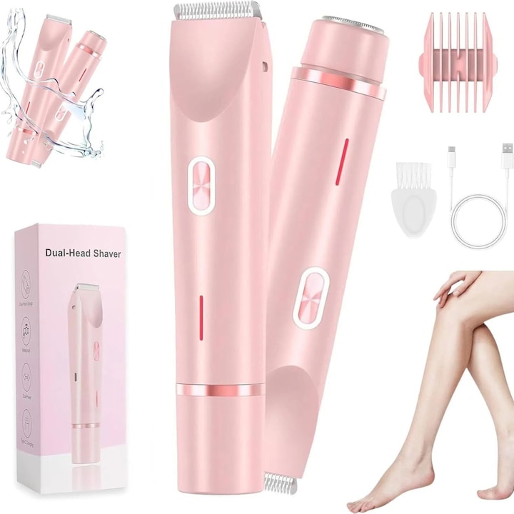 Самобръсначка за бикини зона 2 в 1, тример с две глави за жени, с керамични ножчета и порт за зареждане Type-C, електрически самобръсначки за жени, за срамно окосмяване, подмишници, крака, ръце, лице