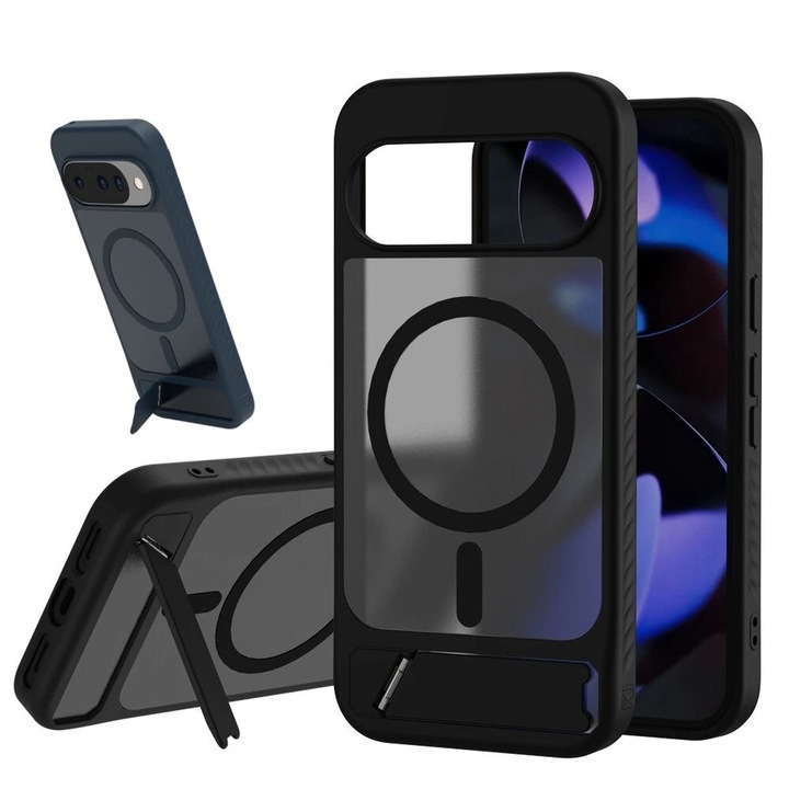 Husa pentru Google Pixel 9 Pro, cu suport incarcare wireless si stand integrat, culoare neagra