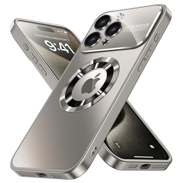 Husa pentru apple iPhone 15 promax, Axroad Mall, Husa compatibila cu Incarcare magsafe compatibila, Protectie completa camera, Rezistenta la socuri, Test de cadere de calitate militara, Placa din spate PC transparenta, Gri