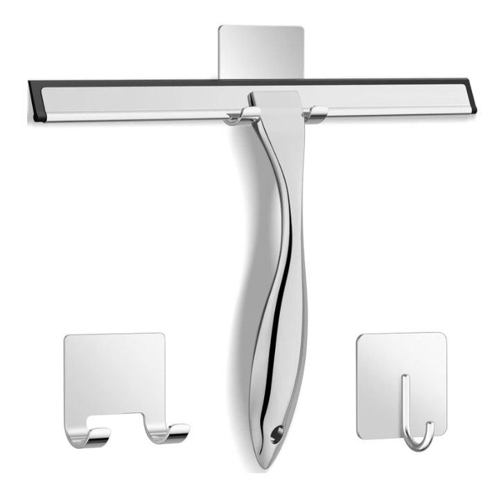 25 см професионална мултифункционална чистачка за душ от неръждаема стомана с 2 куки за баня, душ врати, огледала, плочки и стъкла на автомобили, сребрист, метален сребърен цвят, резервно острие