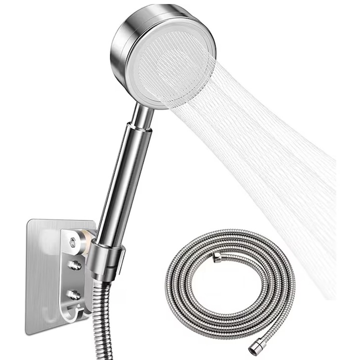 Комплект 3 душ слушалки, Axroad Mall, Душ слушалка с високо налягане, маркуч 1.5м и самозалепваща се стойка, Устойчивост на износване и корозия, Свалящ се, Преносима, За кран за мивка, вана или биде, Неръждаема стомана, 7.8*21см, Сребрист