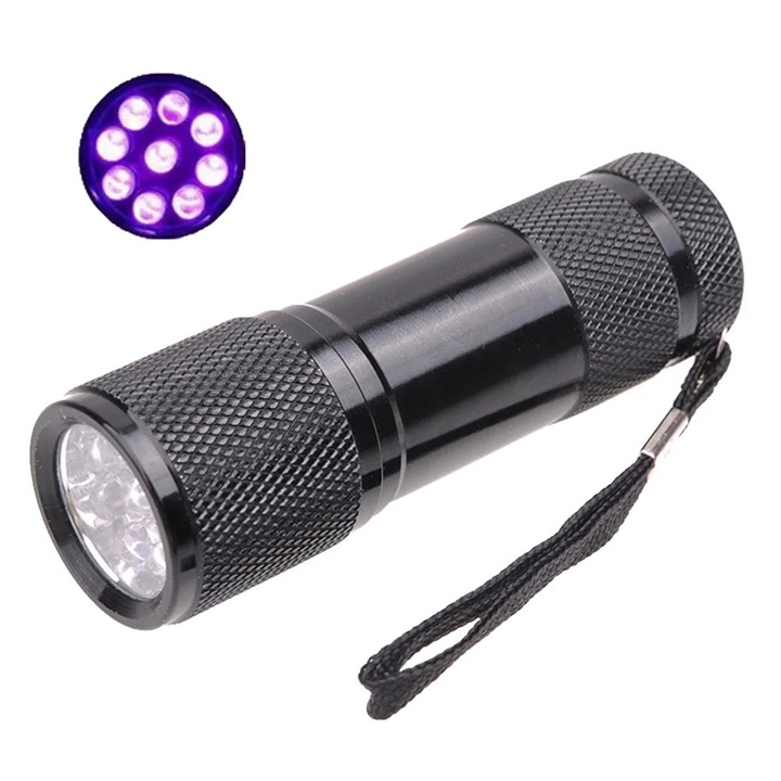 Lanterna UV ZYBLSSBB LSM2xh12649-BCS0160737, 9 LED, 395 nm, corp din aluminiu, negru, 9.2 x 2.8 x 2.6 cm