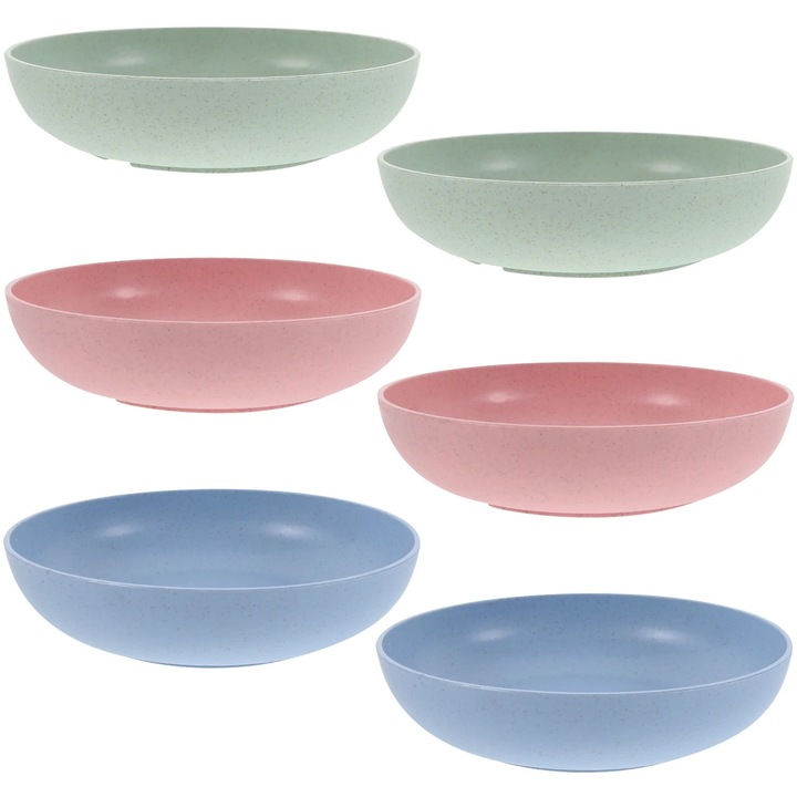 Bol hrana pentru pisici ZYBLSSBB LSM2xh1098-BCS0027342 din PP cu fibra de grau, baza anti-alunecare, lat pentru hranire lenta, roz/verde/albastru, 14.5x14.5x3.4 cm, set 6 buc
