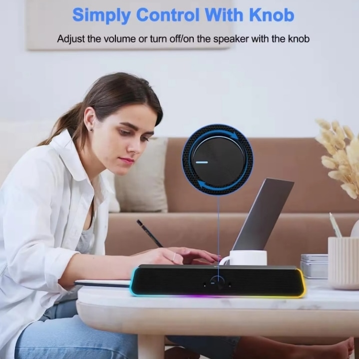 Bara de sunet pentru desktop RGB, difuzor pentru computer cu 2.0 canale cu bara de iluminare dinamica sincronizare audio-lumina / afisaj, control tactil iluminat din spate cu buton de volum, alimentat prin USB cu cablu de 3, 5 mm
