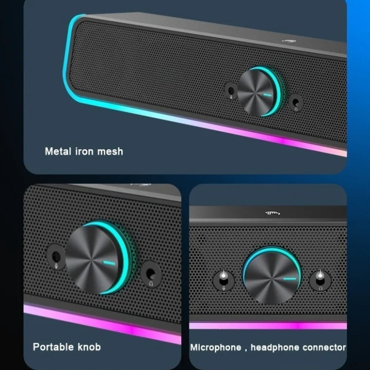 Bara de sunet pentru desktop RGB, difuzor pentru computer cu 2.0 canale cu bara de iluminare dinamica sincronizare audio-lumina / afisaj, control tactil iluminat din spate cu buton de volum, alimentat prin USB cu cablu de 3, 5 mm