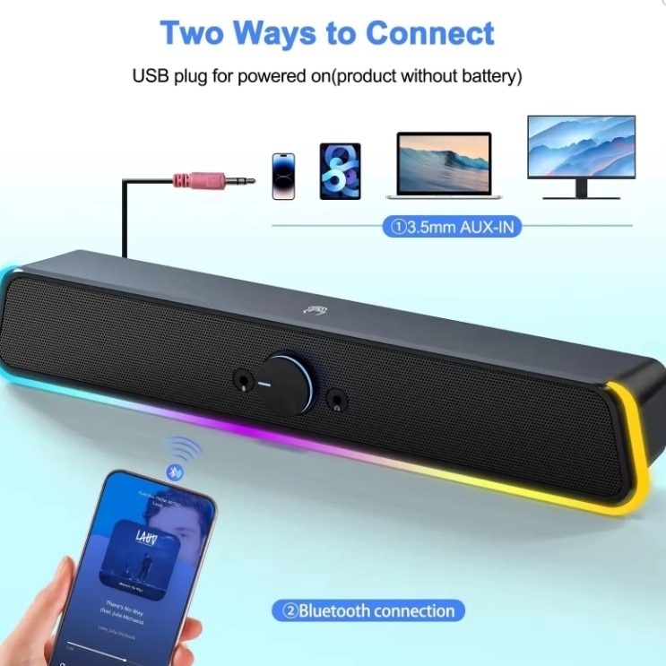 Bara de sunet pentru desktop RGB, difuzor pentru computer cu 2.0 canale cu bara de iluminare dinamica sincronizare audio-lumina / afisaj, control tactil iluminat din spate cu buton de volum, alimentat prin USB cu cablu de 3, 5 mm
