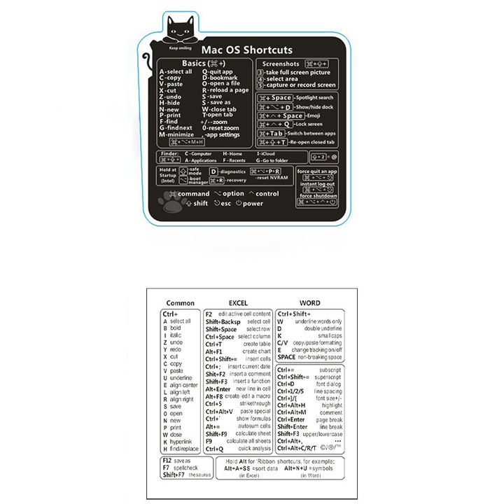 Gyors matricák 2 db, rövidítések macOS, Word és Excel operációs rendszerekhez, laptopokhoz, többszínű, karcolásálló, szakadásálló, vízálló, maradványmentes, 8*8cm, fekete és átlátszó fehér