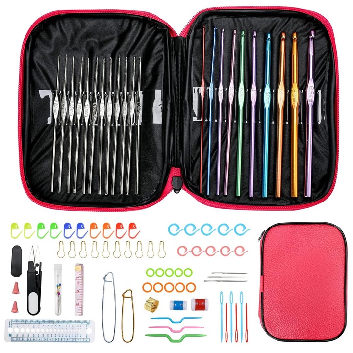 Set de Crosetat din Aluminiu, 100 Piese, Axroad Mall, Cu husa de depozitare, foarfece, rigla, crosete diverse dimensiuni, Usor de transportat, Pentru calator, adulti, incepatori, experimentati, Multicolor