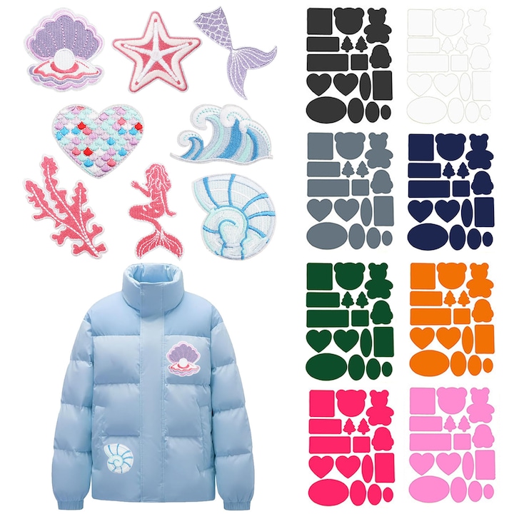 16 darabos öntapadós foltkészlet, Axroad Mall, Pehelykabát javító foltlapok, 8 sellő mintával, Vízálló és tartós, Számtalan mosást kibír, Ruhák, sátrak, esernyők javításához, Vízálló nejlon, 20*15cm, 8 szín