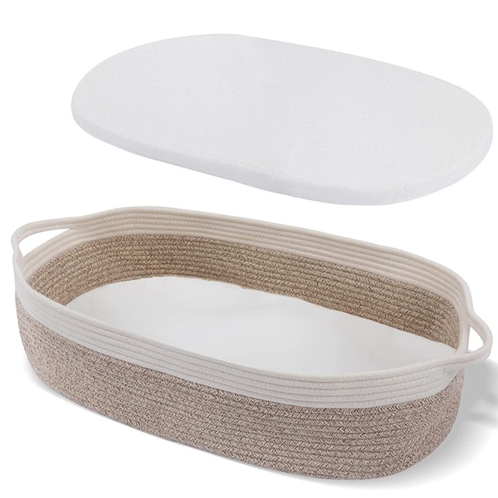 Cos de Infasat pentru Bebelusi, SINBINTA, Cu perna moale, Portabila si pliabila, Lavabil la masina, Robust, Prietenos cu pielea, Usor de transportat, Pentru gradinita, Franghie din bumbac, 71x41x15cm, Alb/Bej