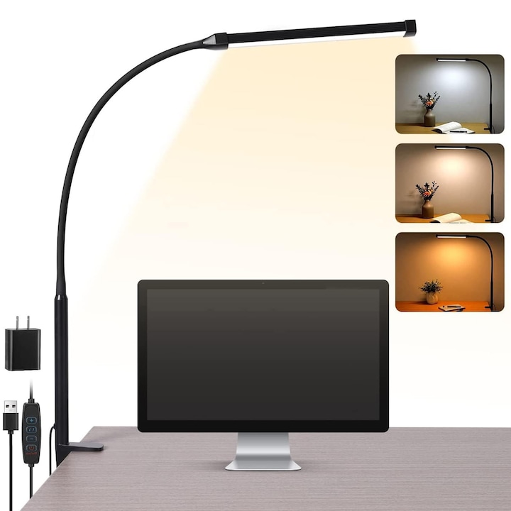 LED настолна лампа, Axroad Mall, с гъвкаво рамо, адаптер и скоба, 11W, 3 режима на осветление, 10 степени на яркост, защита на очите, USB зареждане, за архитекти, работна маса, четене, черна