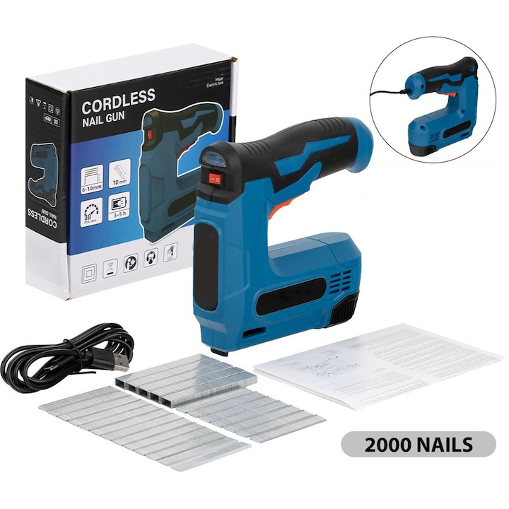 Capsator tapiterie electric, Axroad Mall, Cu acumulator 4V, 1000 Capse si 1000 cuie incluse, Maner cu prindere moale, Pentru tapiterie, lemn, tesaturi, 153*48*150mm, Albastru