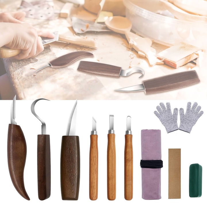 Комплект от 10 инструмента за дърворезба, Axroad Mall, с платнена чанта, ръкавици, кожа за заточване, зелен восък, за начинаещи, аматьори и професионални дърворезбари, стомана/дърво, многоцветен