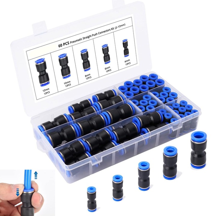 Set 60 cuplaje rapide pneumatice 4-12 mm, Axroad Mall, Cu cutie de depozitare, Cupla rapida pneumatica dreapta din plastic, Conexiuni sigure si eficiente, Pentru ateliere auto si instalatii industriale, Negru/Albastru