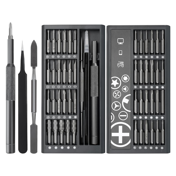 Set surubelnita de precizie, Axroad Mall, 50 in 1, Bits otel, Cu cutie magnetica de depozitare si penseta, Varf magnetic, Rezistent la coroziune, Pentru ochelari, ceas, macbook, iMac, iPhone, electronice, 167*80*22mm, Negru