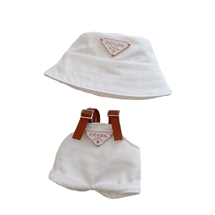 Set 2 piese Jucarie Haine pentru Labubu (nu include papusa), Palarie si Salopete Set pentru15cm / 17cm Accesorii pentru papusi Costum, Alb