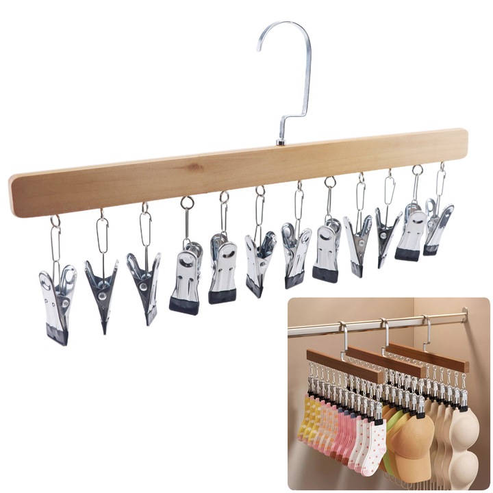 Umerase din lemn, Cu 12 cleme, pentru organizator de dulap, Set umerase pentru haine pentru uscarea sosetelor, sutienelor, lenjeriei de corp, palariilor, esarfelor sau Accesorii