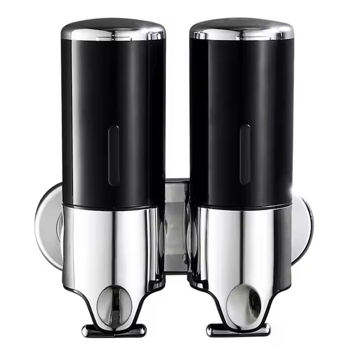 Дозатор за течен сапун 2 в 1 за баня, Axroad Mall, Диспенсър за душ гел, 2*500 мл, За стена, Ръчно задействане, С аксесоари, За многократна употреба, Лесен за презареждане, Лесен за инсталиране и почистване, За кухня, хотел, ABS/Инокс, 24*22 см, Черен