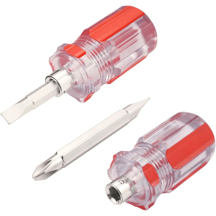 Rövid csavarhúzókészlet cserélhető fejekkel, kompakt kialakítás, csúszásgátló, 2 típusú fejjel, kis méret