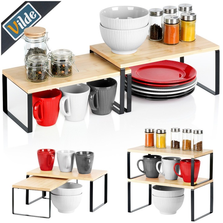 Комплект кухненски рафтове, Vilde, 33.5x19.5x16 см / 33.5x18.5x13.5 см, Изработени от бамбуково дърво, Подреждат се или се вмъкват, Универсална употреба, Модерен дизайн, Черен, 2 броя
