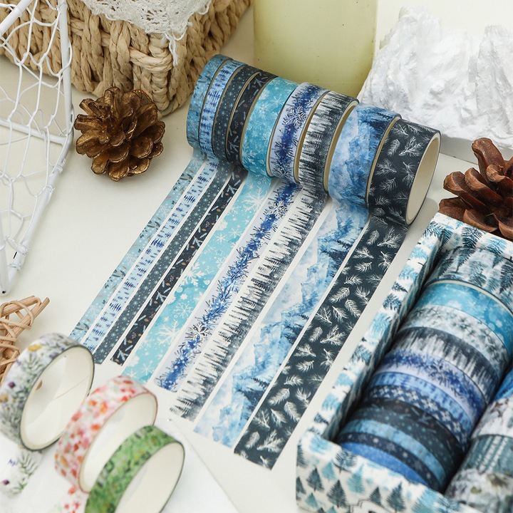Set de 18 de Role Banda Washi Decorativa - Banda Adheziva cu Cele Patru Anotimpuri Pentru Scrapbooking, Jurnale si Decor Creative, DIY - Albastru