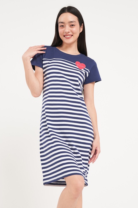 Lee Cooper, Rochie-tricou cu dungi, Alb/Coral/Bleumarin