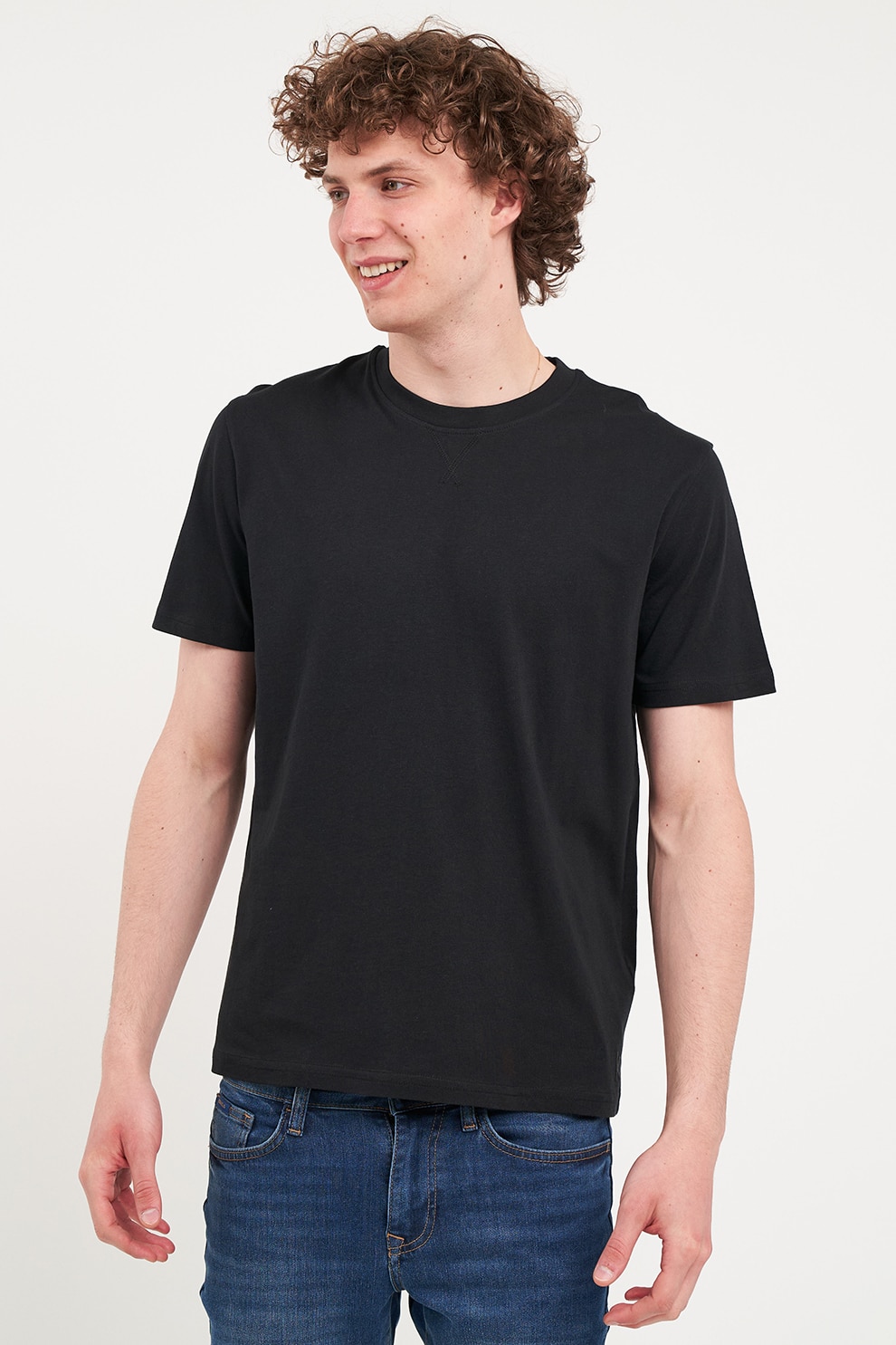 KVL by KENVELO, Tricou de bumbac cu decolteu la baza gatului, Negru, XL