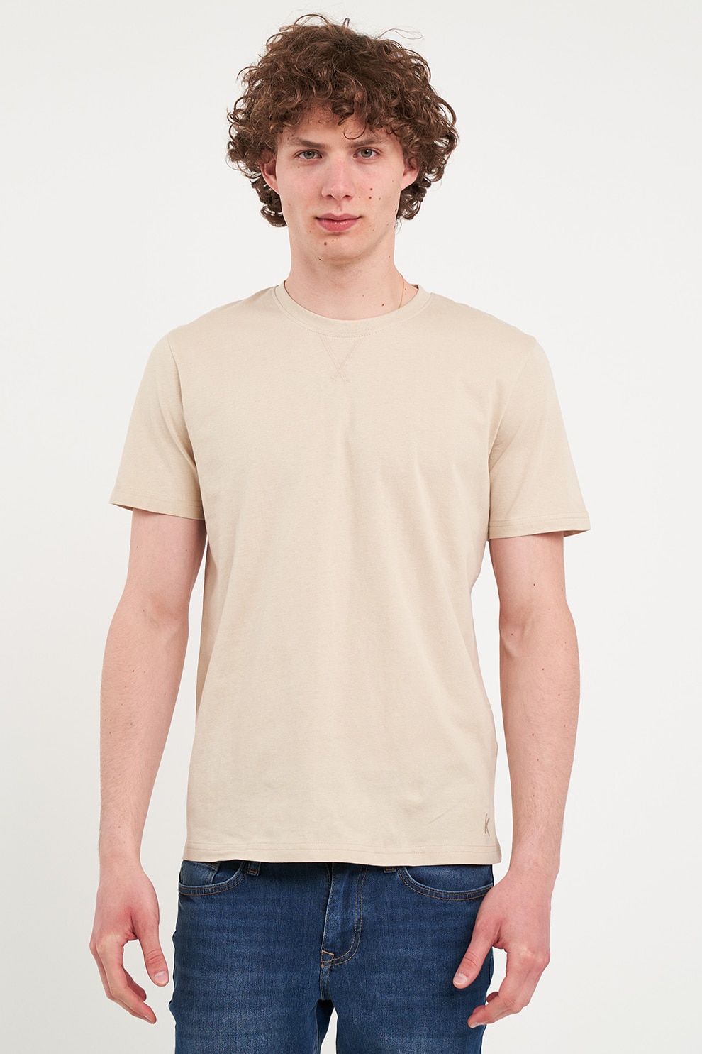 KVL by KENVELO, Tricou de bumbac cu decolteu la baza gatului, Bej deschis, XL