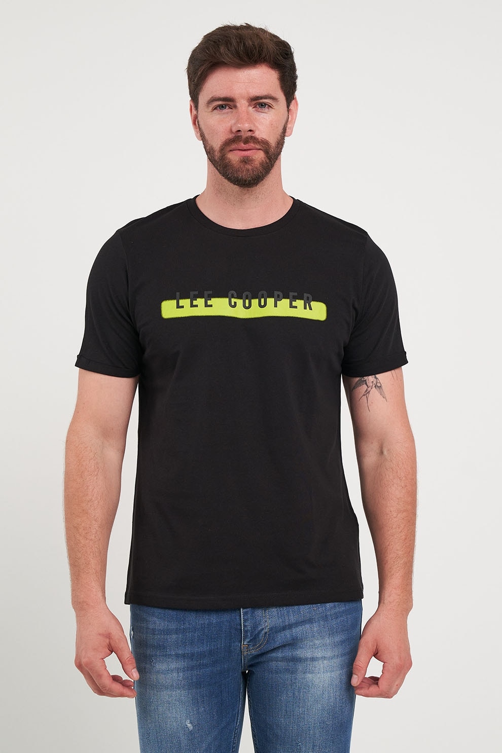 Lee Cooper, Tricou cu imprimeu logo, Negru, Verde lime, S