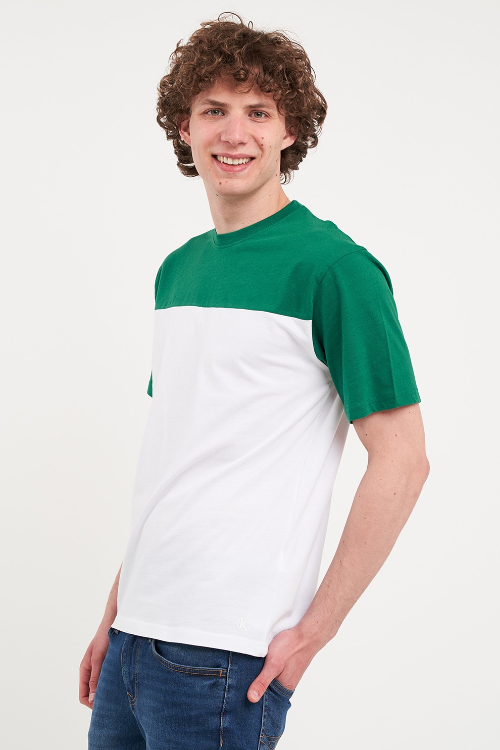 KVL by KENVELO, Tricou de bumbac cu aspect contrastant, Alb, Verde englez, S