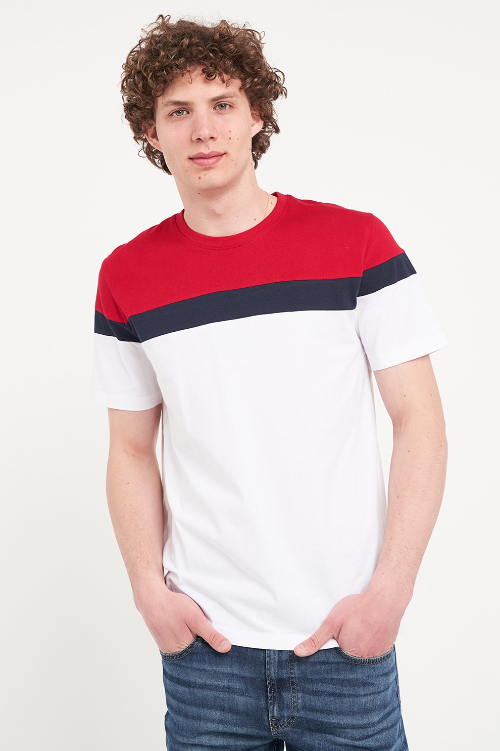 KVL by KENVELO, Tricou de bumbac cu decolteu la baza gatului, Rosu, Alb, Bleumarin, XL