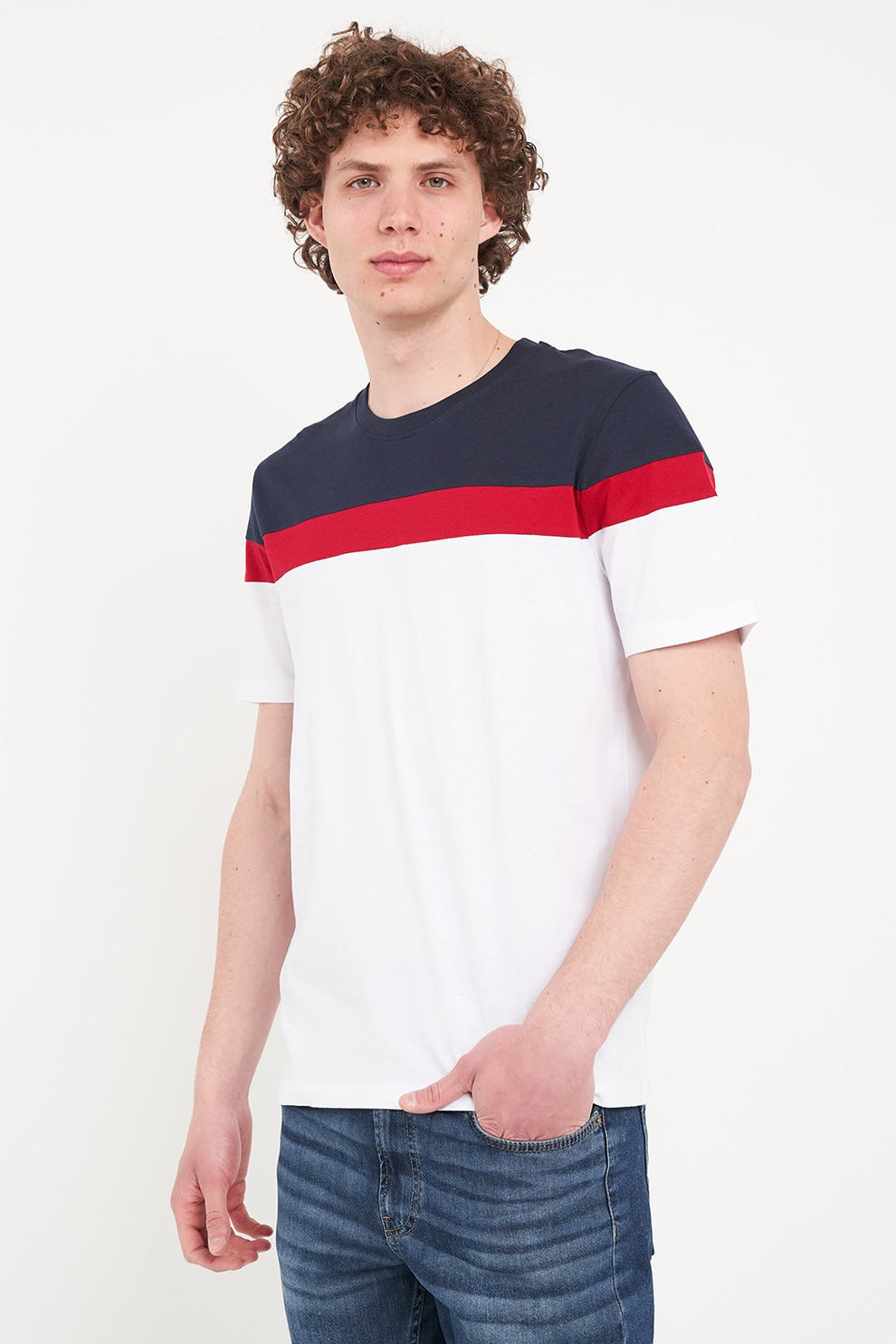 KVL by KENVELO, Tricou de bumbac cu decolteu la baza gatului, Rosu, Alb, Albastru ultramarin, S