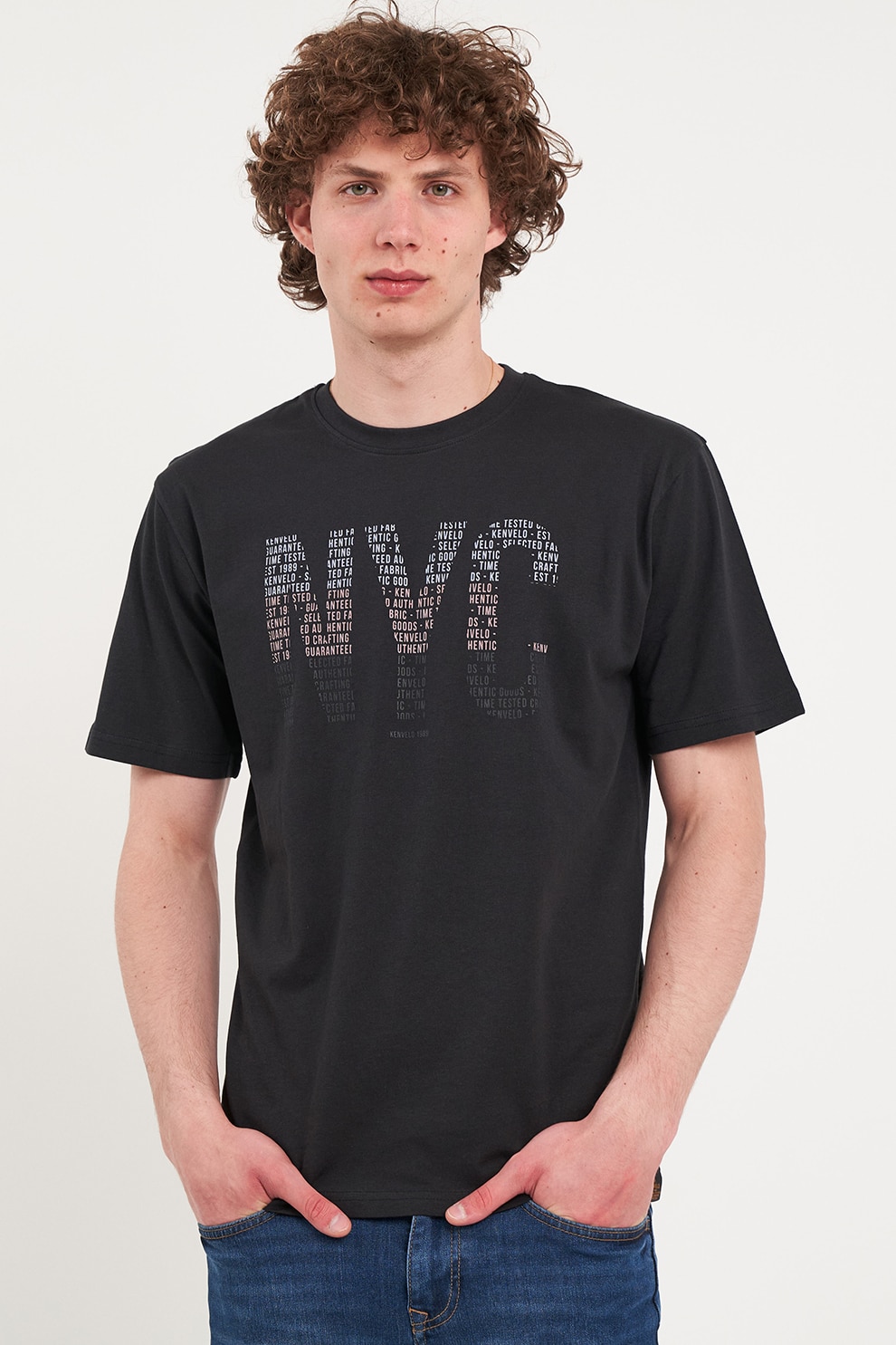 KVL by KENVELO, Tricou de bumbac cu imprimeu text, Gri antracit, S