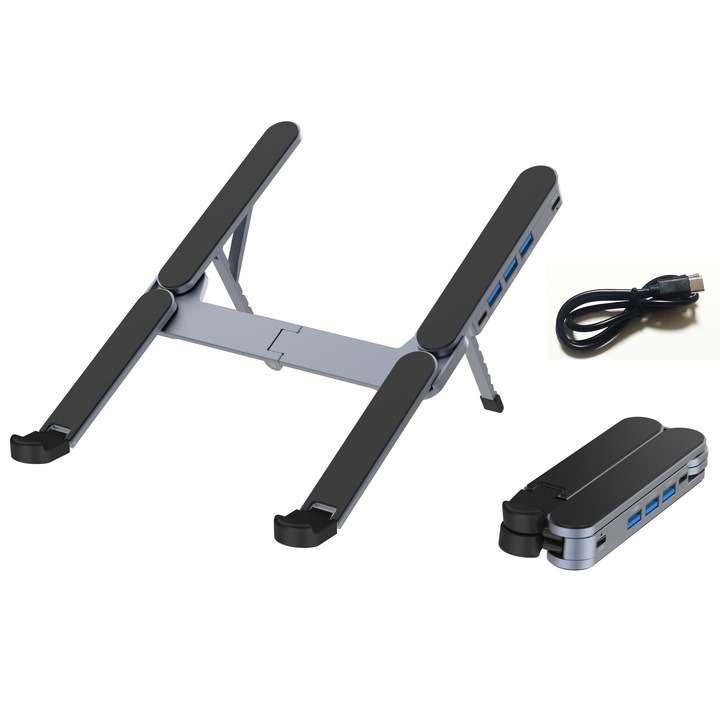 USB стойка за лаптоп, Алуминиев HUB Booster, Сгъваема докинг станция 4-в-1, 3 порта USB-A 3.0, 1 порт USB-C за компютри до 17,3 инча, с кабел Type-C