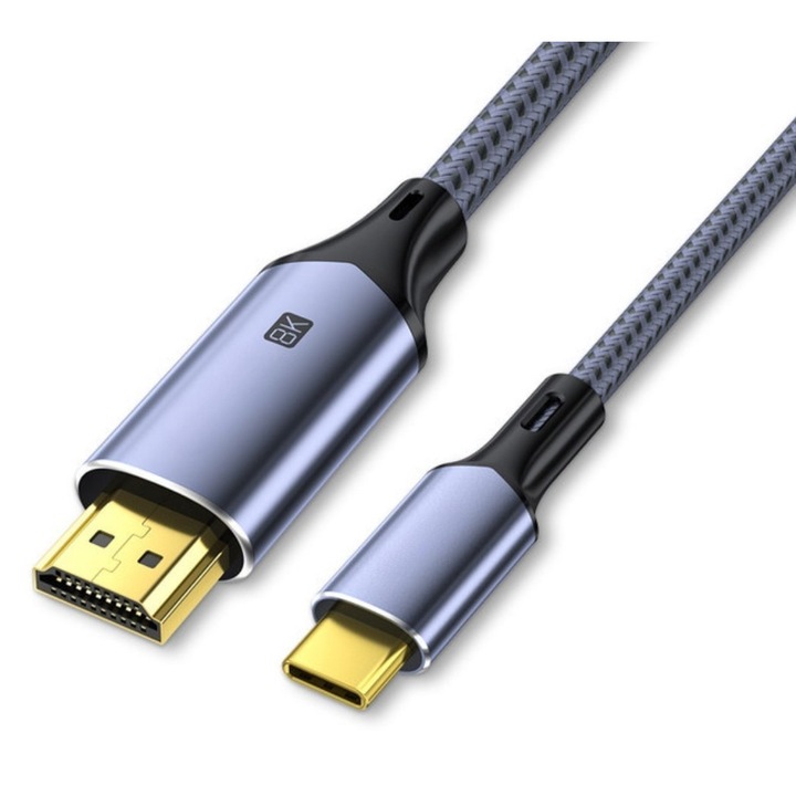Кабел Type-C към HDMI 8K 60Hz / 4K 240Hz, HDR, Dolby Atmos, 12bit, VRR, ALLM, 3 слоя екраниране, видео редактиране, игри, 2 метра, RikBo®