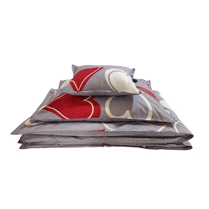 Ágyneműhuzat garnitúra 3 részes, paplanhuzat méret 140x200cm, 1 személyes, szürke/piros szív mintás
