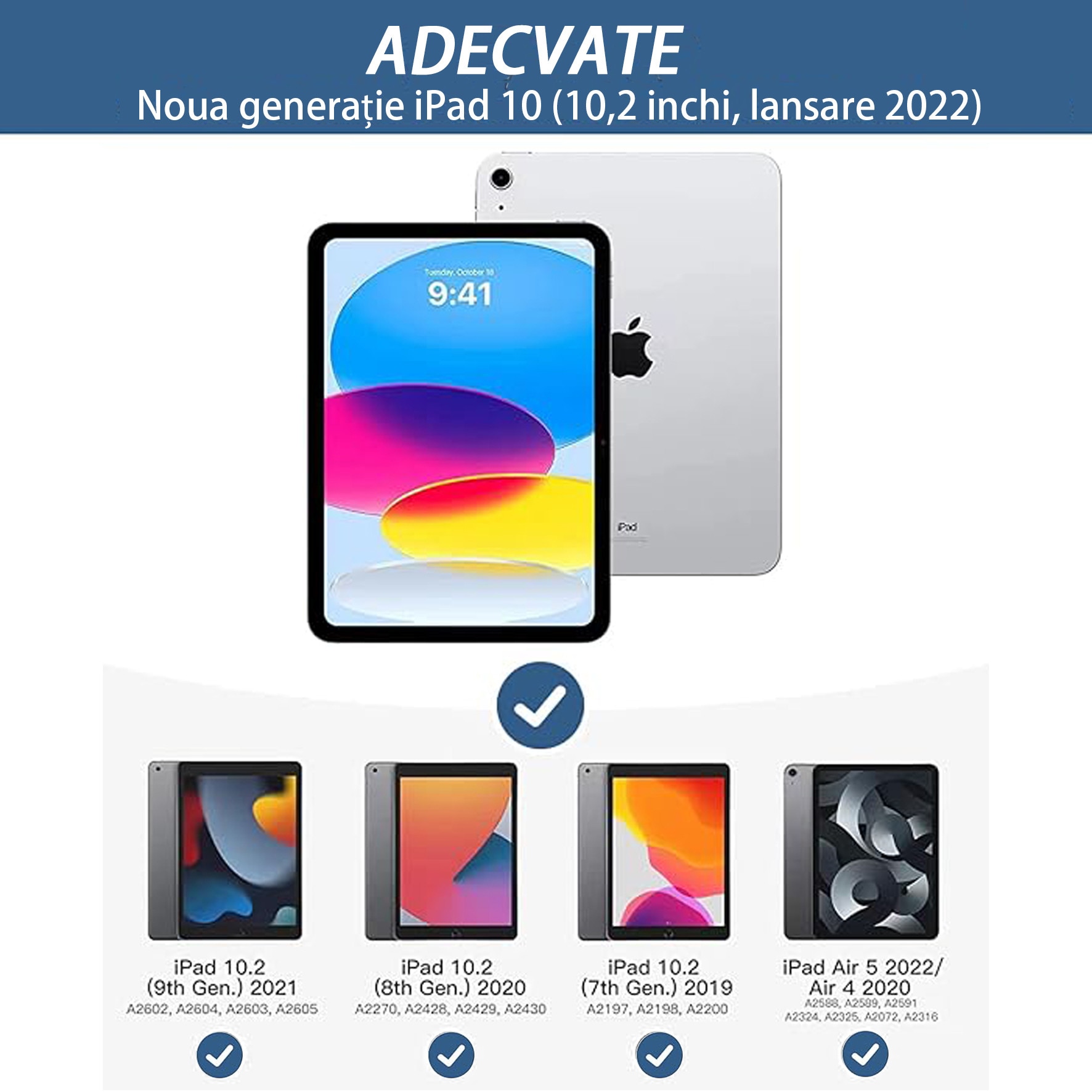 Husa protectie tableta, Yulinland®, Compatibila cu iPad 7/8/9 10.2", iPad 10.2 2019 2020 2021 Husa pentru iPad a 7-a generatie pentru tableta cu suport pentru creion, Bleumarin