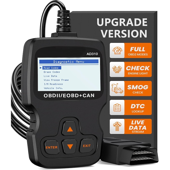 OBD II autódiagnosztikai teszter, MOSMAOO, hibakódok olvasása/törlése, élő adatok, LCD képernyő, univerzális, plug and play, fekete