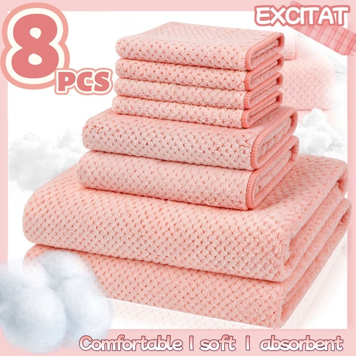 Set de 8 prosoape de baie EXCITAT®, Din bumbac pur Foarte absorbant 2 prosoape de baie 2 prosoape de mana 4 prosoape Moi si prietenoase, cu pielea, Confortabile si respirabile, Potrivite pentru calatorii Calatorii de afaceri Fitness, Roz bebelus