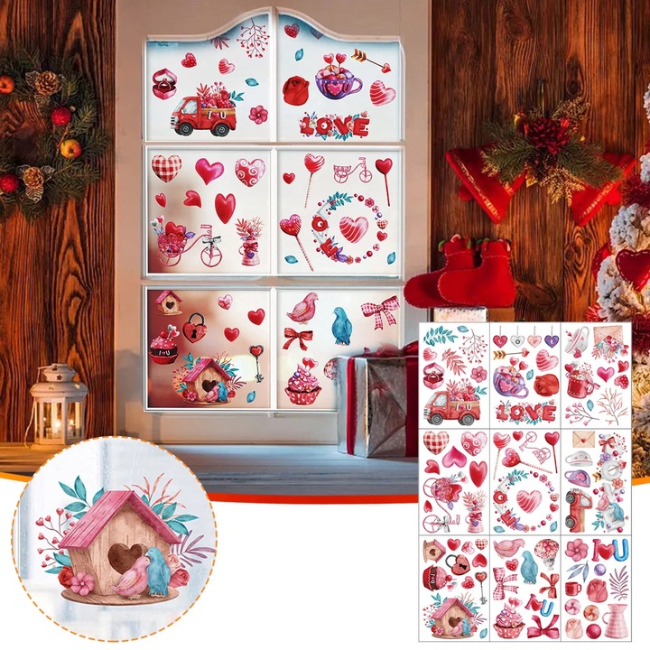 YANYXR BCS3073440 ablakmatrica, Valentin-napra rózsákkal és szívecskékkel, piros/rózsaszín, 9 db-os szett, PVC 20x30 cm
