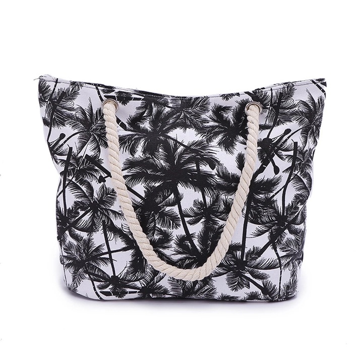 Geanta de plaja mare, model Coco-nut Tree, panza, 44x32x11.5cm, negru/alb