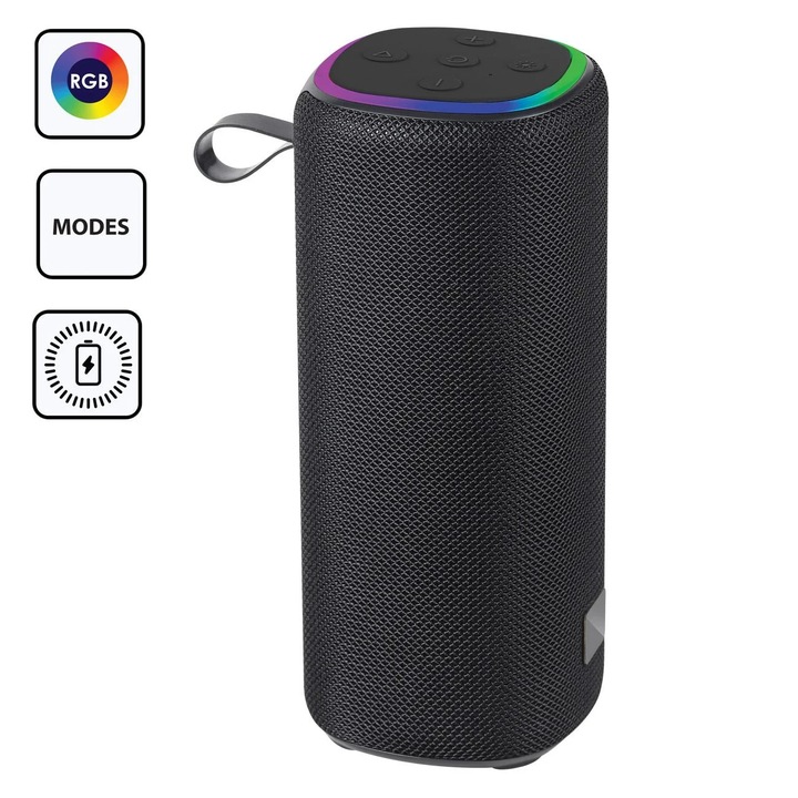 Boxa portabila bluetooth neagra rvn cu curea 10 watt rgb 7.5x7.5x17.5cm