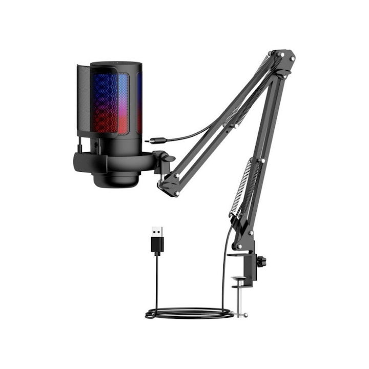 Microfon de gaming, Chelfonds®, pentru streaming, Youtube, Tiktok, cu brat flexibil, filtru anti-pop, indicator RGB, suport anti-soc, negru