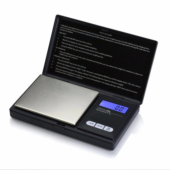 Cantar digital de buzunar, precizie 0.01g, platforma inox, albastru, 13x7.5x2.5cm