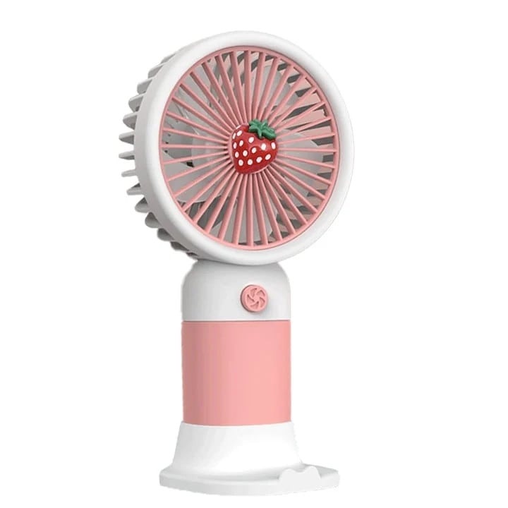 Mini ventilator portabil, alimentat cu baterie reincarcabila USB, cu suport pentru telefon, autonomie 2-5 ore, buton ON/OFF, 3 viteze, roz/alb