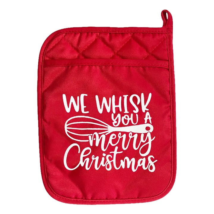 YANYXR BCS2900699 hőszigetelt sütőkesztyű, bélelt, karácsonyi témájú, "We whisk you a merry Christmas" mintával, piros