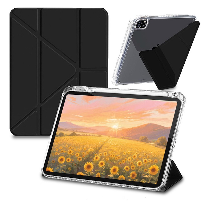 iPad Pro Air 11" 2024 / 2025 M2, M3 készülékekkel kompatibilis tablet tok, ébresztő/alvás funkcióval és tolltartóval, több hajtogatási móddal (3+Y), ultra átlátszó, hajlításálló akril hátlappal, fekete
